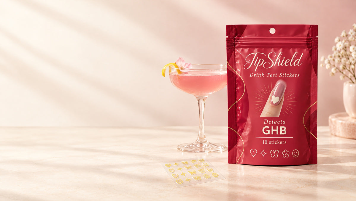 TipShield Drink Test Stickers pouch next to a pink cocktail